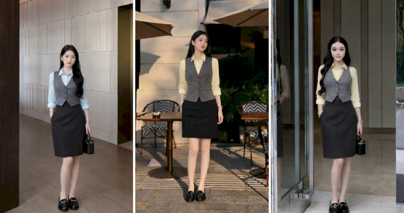 Gile xám mix cùng sơ mi pastel và chân váy đen chuyên nghiệp, thanh lịch.